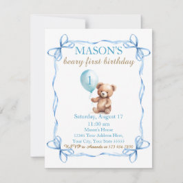 Teddy Bear farbenfroher Ballon Beary First Birthda Einladung