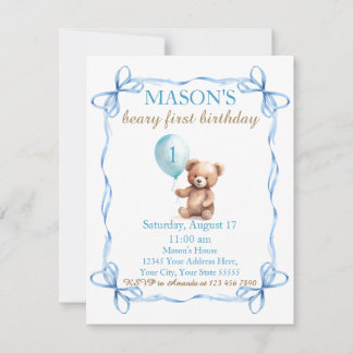 Teddy Bear farbenfroher Ballon Beary First Birthda Einladung