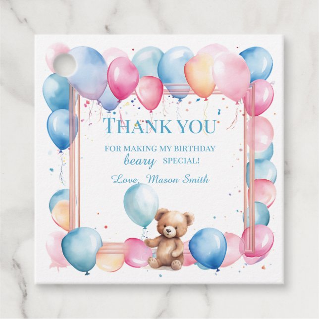 Teddy Bear farbenfroher Ballon Beary First Birthda Geschenkanhänger (Vorderseite)