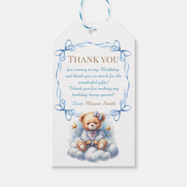 Teddy Bear farbenfroher Ballon Beary First Birthda Geschenkanhänger (Vorderseite)