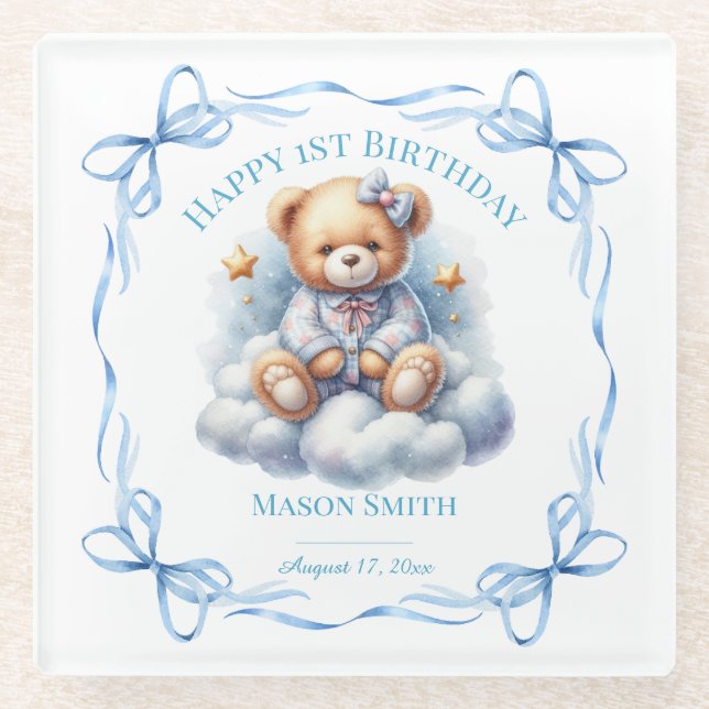 Teddy Bear farbenfroher Ballon Beary First Birthda Glasuntersetzer (Vorderseite)