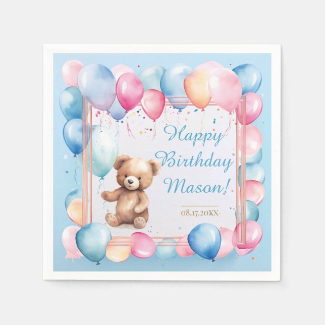 Teddy Bear farbenfroher Ballon Beary First Birthda Serviette (Vorderseite)
