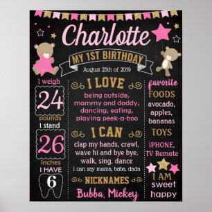 Teddy Bear First Birthday Chalkboard Mädchen Poster