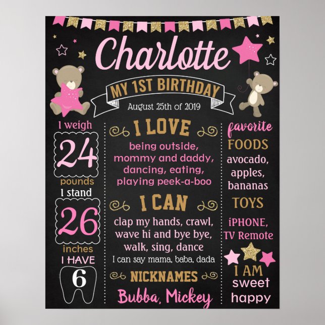 Teddy Bear First Birthday Chalkboard Mädchen Poster (Vorne)