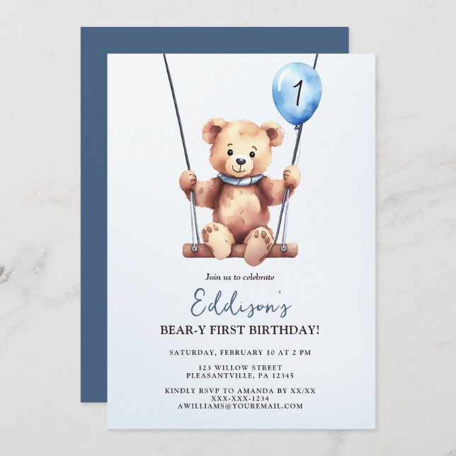 Teddy Bear First Birthday Einladung (Vorne/Hinten)