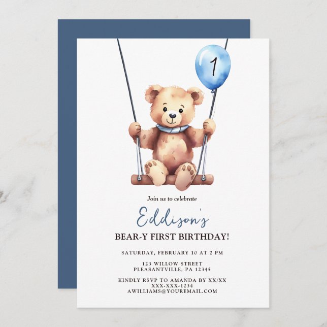 Teddy Bear First Birthday Einladung (Vorne/Hinten)