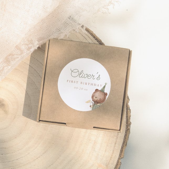 Teddy Bear First Birthday Party Runder Aufkleber (Von Creator hochgeladen)