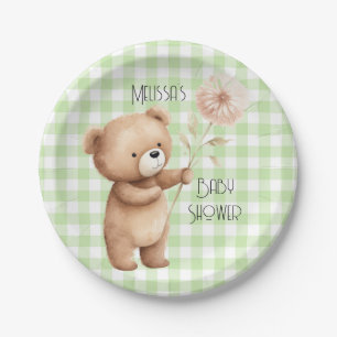 Teddy Bear Floral Gingham Pattern Baby Boy Dusche Pappteller