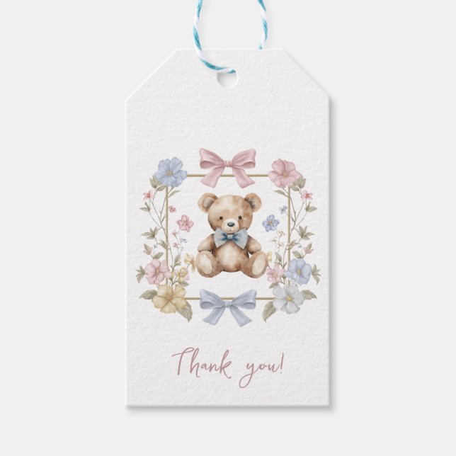 Teddy Bear Floral Wreath Baby Shower Thank You Geschenkanhänger (Vorderseite)