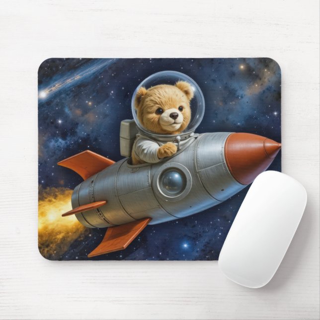 Teddy Bear Flying In a Rocket Ship Mousepad (Mit Mouse)