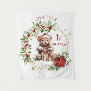 Teddy Bear Foliage Poinsettia Baby 1. Weihnachten Wandteppich