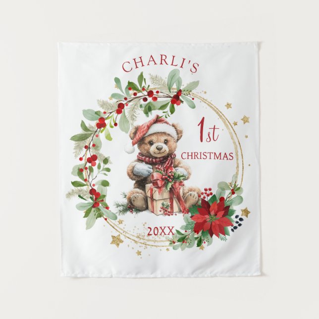 Teddy Bear Foliage Poinsettia Baby 1. Weihnachten Wandteppich (Vorderseite)
