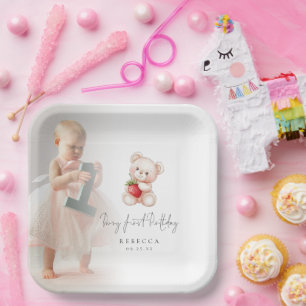 Teddy Bear Foto Overlay Berry Erster Geburtstag Pappteller