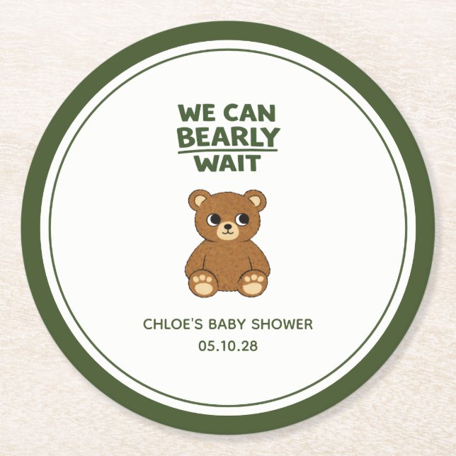 Teddy Bear Gender Neutral Minimalist Baby Shower Runder Pappuntersetzer (Vorderseite)