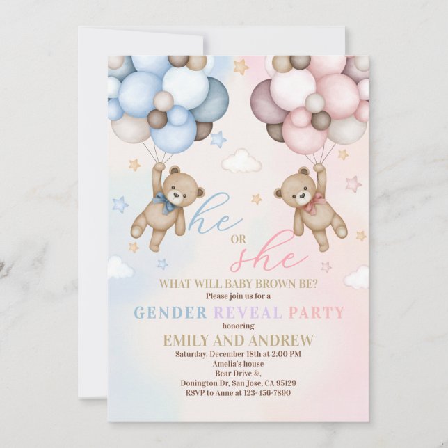 Teddy Bear Gender Reveal Baby Shower Einladung (Vorderseite)