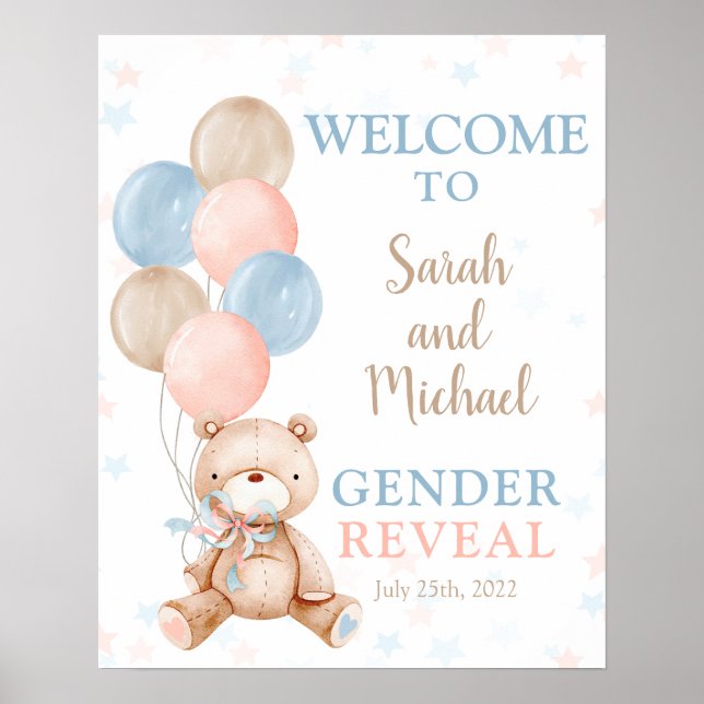Teddy Bear Gender Reveal Begrüßungszeichen Poster (Vorne)