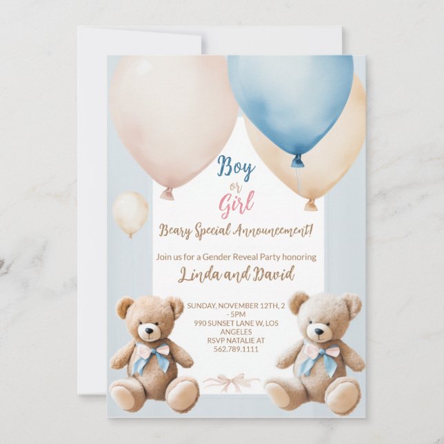 Teddy Bear Gender Reveal Feier Einladung (Vorderseite)