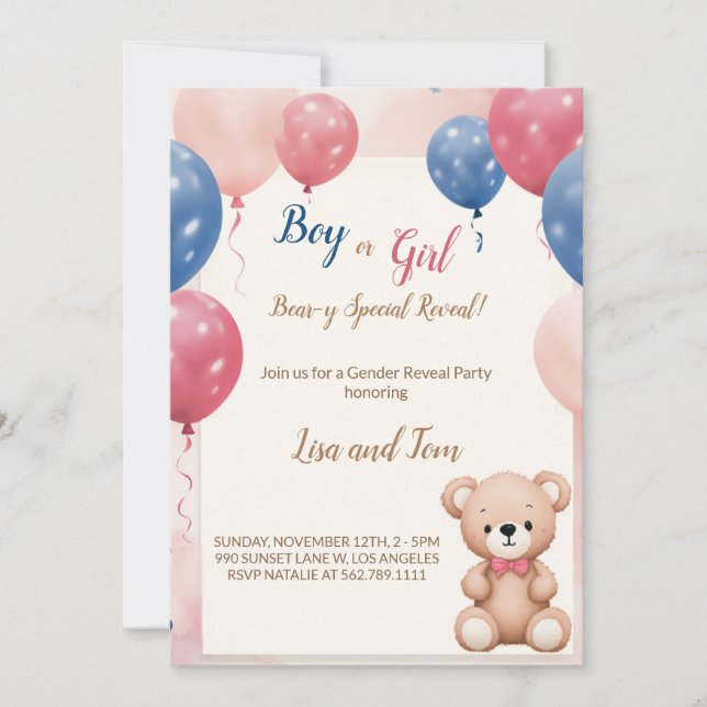 Teddy Bear Gender Reveal Feier Einladung (Vorderseite)