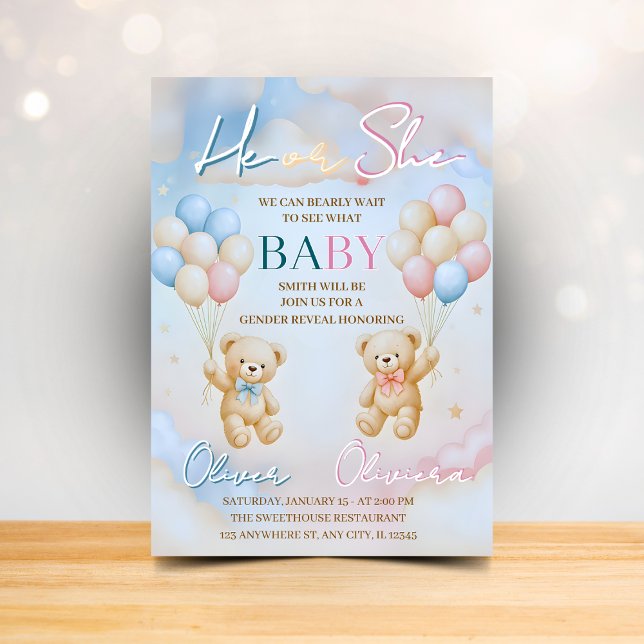 Teddy Bear Gender Reveal Invitation He or She Einladung (Von Creator hochgeladen)