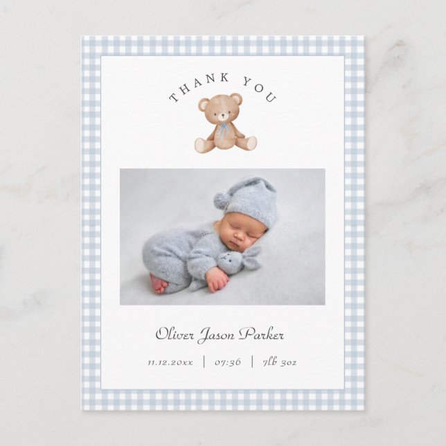 Teddy Bear Gingham Baby Boy Birth Announcement Postkarte (Vorderseite)