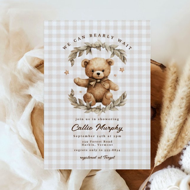 Teddy Bear Gingham Bearly Wait Leafy Baby Shower Einladung (Von Creator hochgeladen)