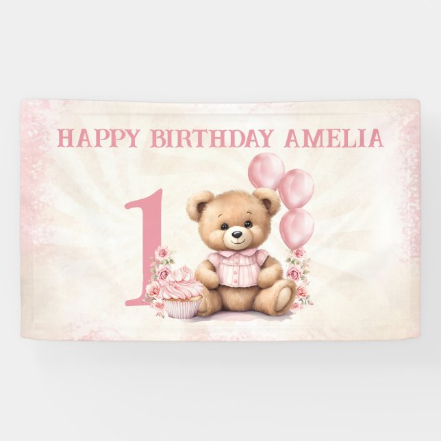 Teddy Bear Girl 1. Geburtstag Pink Balloons Banner (Horizontal)