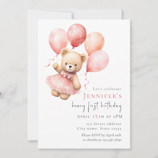 Teddy Bear Girl 1st Birthday Invitation Einladung (Vorderseite)
