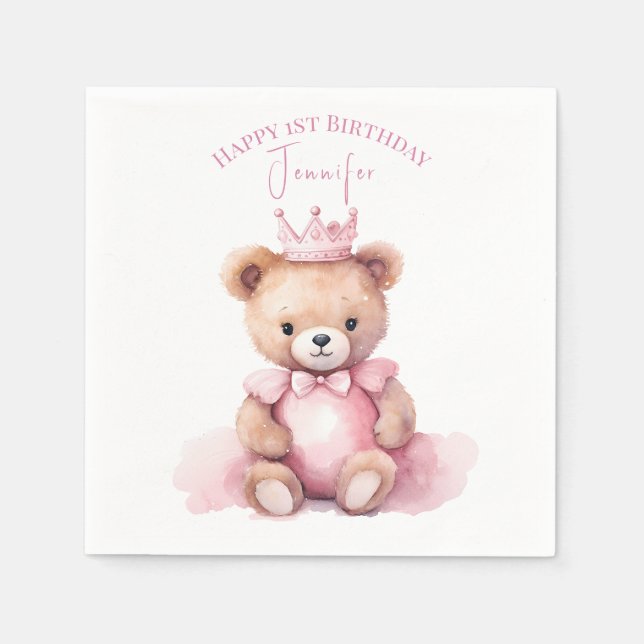 Teddy Bear Girl 1st Birthday Napkins Beary First Serviette (Vorderseite)