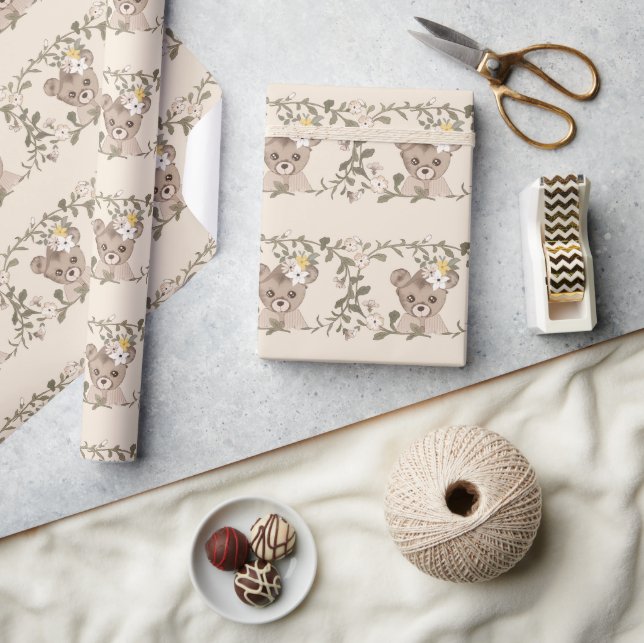 Teddy Bear Girl Blumengrün Babydusche Geschenkpapier (Kunsthandwerk)