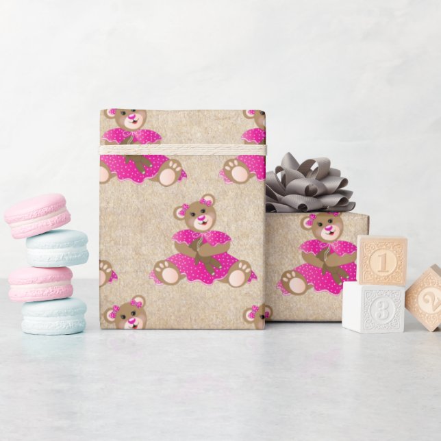 Teddy Bear Girl Holding Baby Bear Pink Kleid Geschenkpapier (Babyparty)