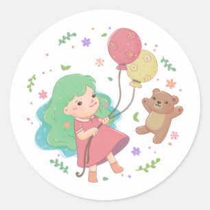 Teddy Bear & Girl Illustration Runder Aufkleber