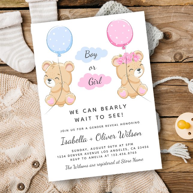 Teddy Bear Girl or Boy Theme Gender Reveal Party Einladung (Teddy Bear Girl or Boy Theme Gender Reveal Party Invitation)