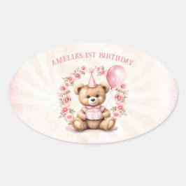 Teddy Bear Girl Pink Roses Ovaler Aufkleber
