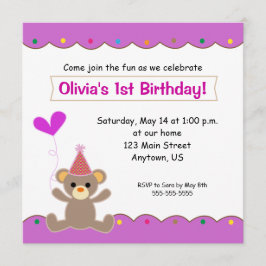 Teddy Bear Girls 1. Geburtstag Party Einladung