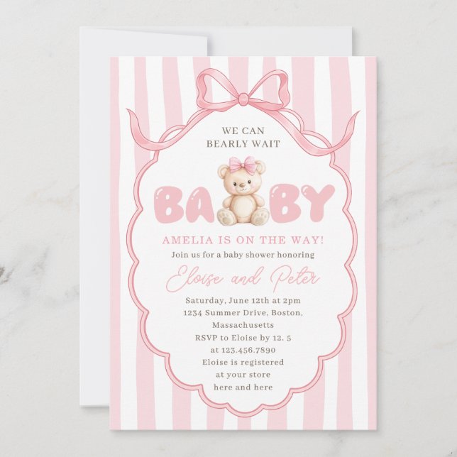 Teddy Bear Girls Pink Bow Baby Shower Einladung (Vorderseite)