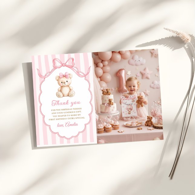 Teddy Bear Girls Pink Bow Stripes 1st Birthday Dankeskarte (Von Creator hochgeladen)