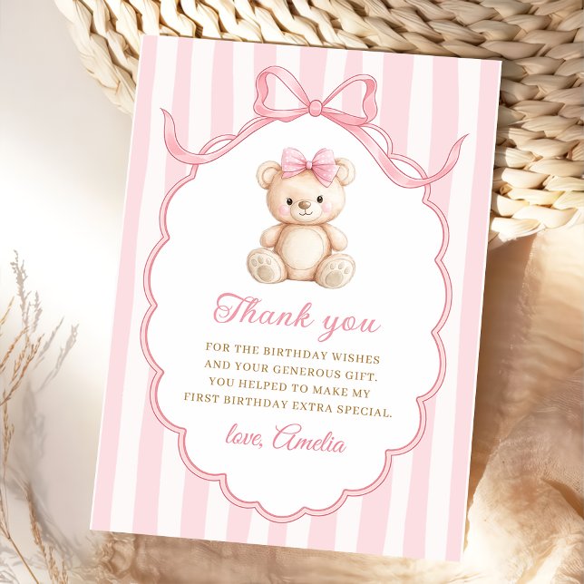 Teddy Bear Girls Pink Bow Stripes 1st Birthday Dankeskarte (Von Creator hochgeladen)