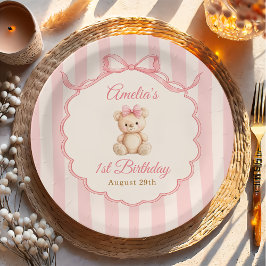 Teddy Bear Girls Pink Bow Stripes 1st Birthday Pappteller