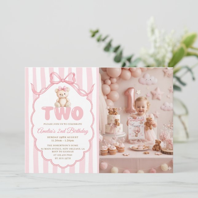 Teddy Bear Girls Pink Bow Stripes 2nd Birthday  Einladung (Stehend Vorderseite)