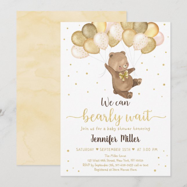 Teddy Bear Gold Balloons Neutral Baby Shower Invit Einladung (Vorne/Hinten)