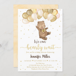 Teddy Bear Gold Balloons Neutral Baby Shower Invit Einladung