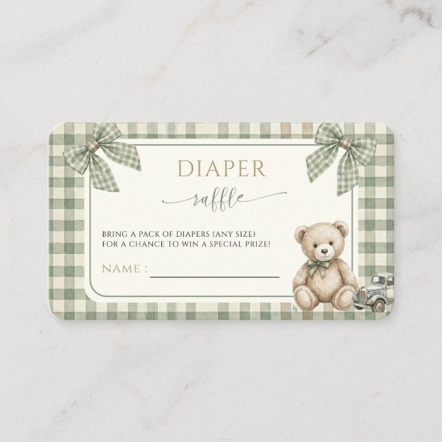 Teddy Bear Green Gingham Baby Shower Diaper Raffle Begleitkarte (Vorderseite)