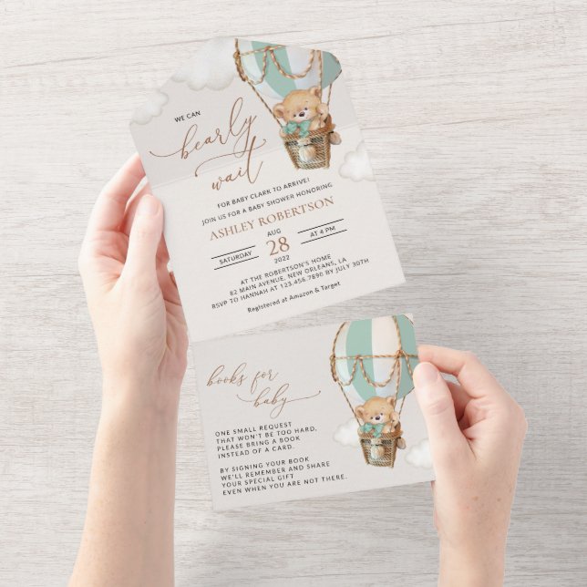 Teddy Bear, Green Hot Air Ballon, Babydusche All In One Einladung (Abreißen)