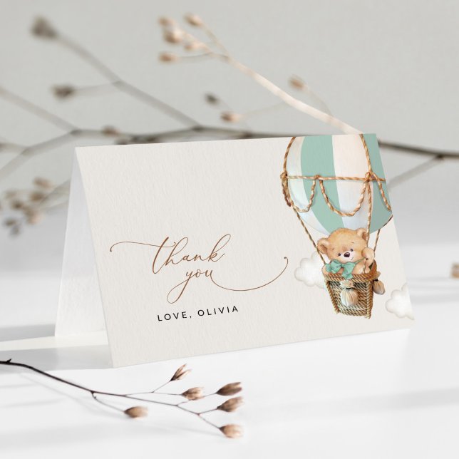 Teddy Bear, Green Hot Air Ballon, Babydusche Dankeskarte (Von Creator hochgeladen)