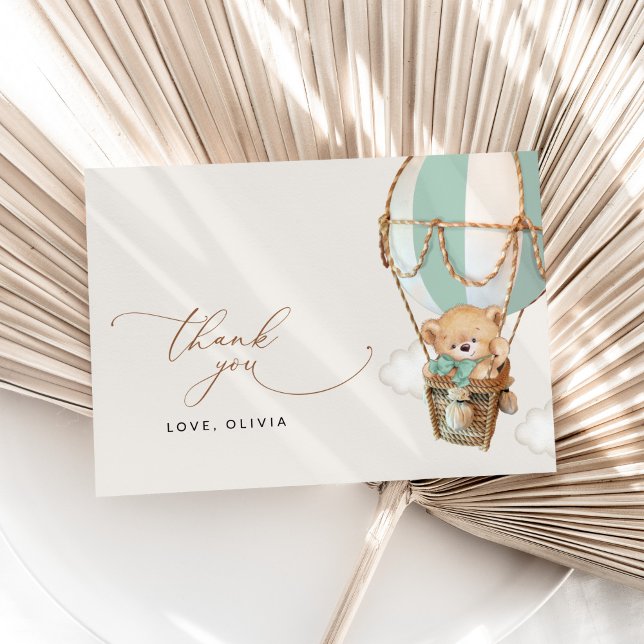 Teddy Bear, Green Hot Air Ballon, Babydusche Dankeskarte (Von Creator hochgeladen)