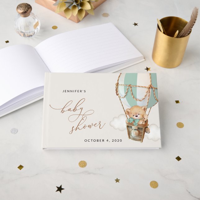 Teddy Bear, Green Hot Air Ballon, Babydusche Gästebuch (Vorderseite Offen)