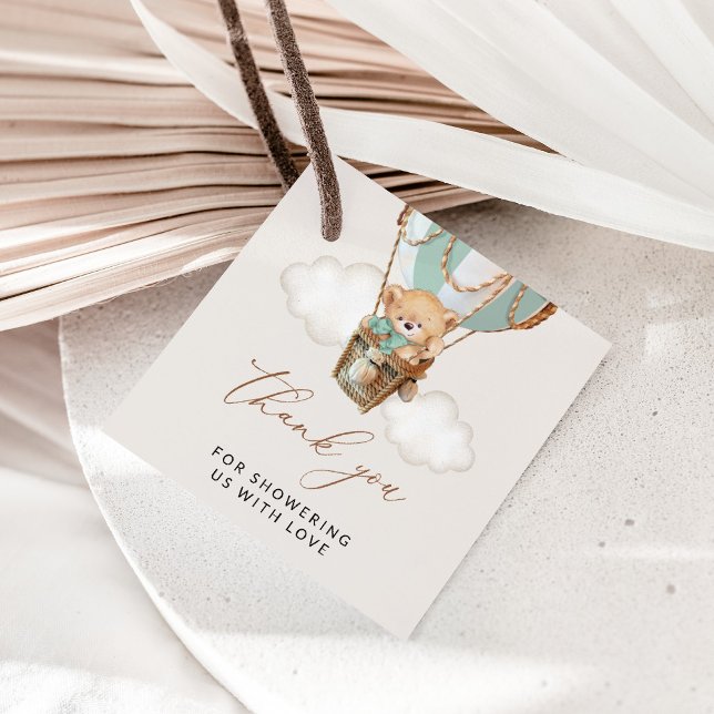 Teddy Bear, Green Hot Air Ballon, Babydusche Geschenkanhänger (Von Creator hochgeladen)