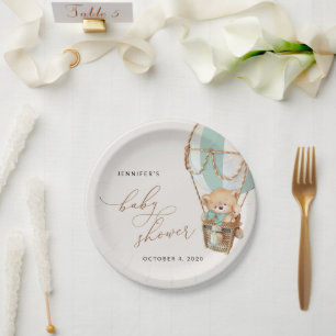 Teddy Bear, Green Hot Air Ballon, Babydusche Pappteller