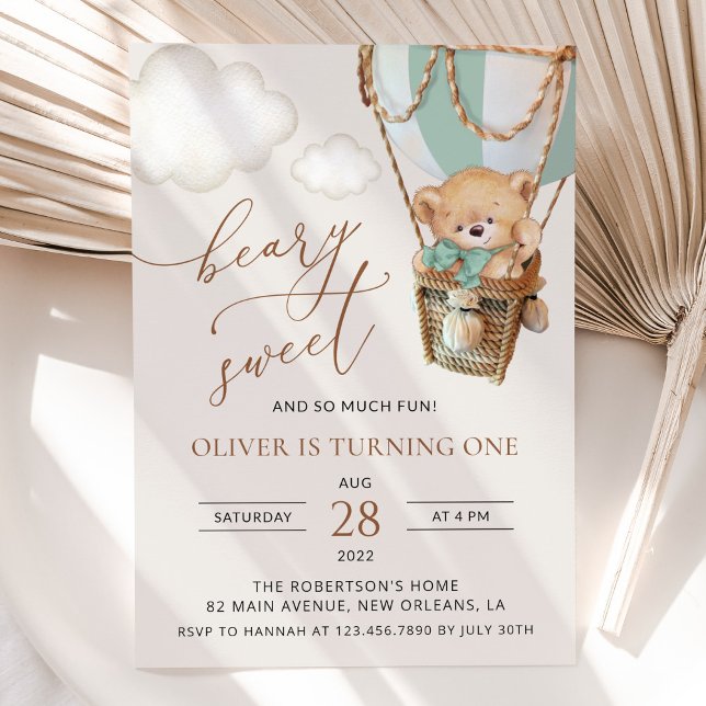 Teddy Bear, Green Hot Air Ballon, erster Geburtsta Einladung (Von Creator hochgeladen)
