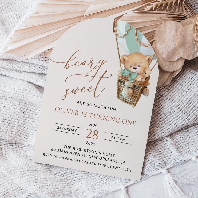 Teddy Bear, Green Hot Air Ballon, erster Geburtsta Einladung (Von Creator hochgeladen)